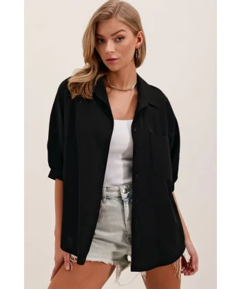 20213 Oversize Kısa Kol Basic Gömlek  Siyah