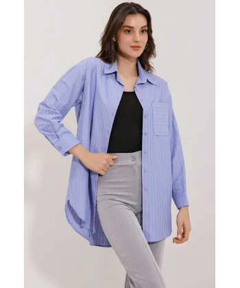 20217 Cep Detaylı Çizgili Oversize Gömlek  İndigo