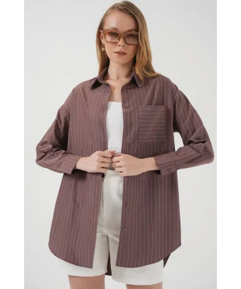 20217 Cep Detaylı Çizgili Oversize Gömlek  Kahverengi