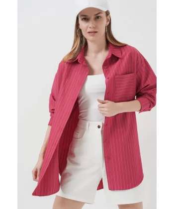 20217 Cep Detaylı Çizgili Oversize Gömlek  Kırmızı