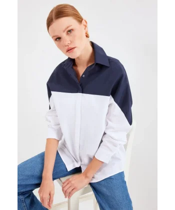 20221 Blok Renkli Oversize Gömlek  Lacivert