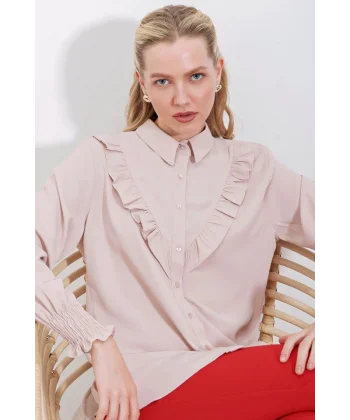 20223 Fırfırlı Uzun Kol Gömlek  Bej