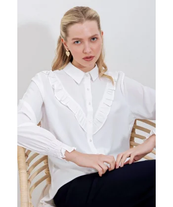 20223 Fırfırlı Uzun Kol Gömlek  Beyaz