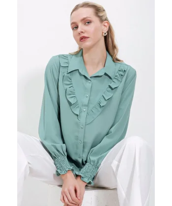 20223 Fırfırlı Uzun Kol Gömlek - Çağla