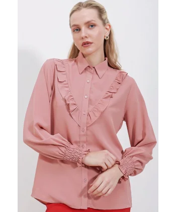 20223 Fırfırlı Uzun Kol Gömlek  Gül Kurusu