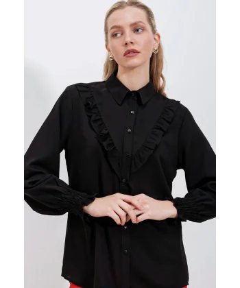 20223 Fırfırlı Uzun Kol Gömlek  Siyah