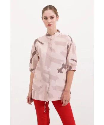 20226 Desenli Oversize Gömlek  Bej