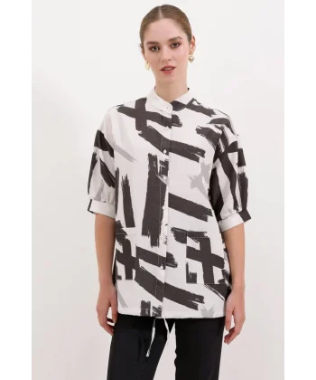 20226 Desenli Oversize Gömlek  Siyah