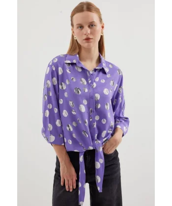 20243 Önü Bağlamalı Desenli Gömlek  Lila