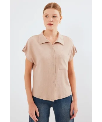 20256 Manşetli Double Kısa Kollu Gömlek  Bisküvi