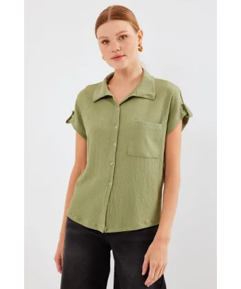 20256 Manşetli Double Kısa Kollu Gömlek  Çağla