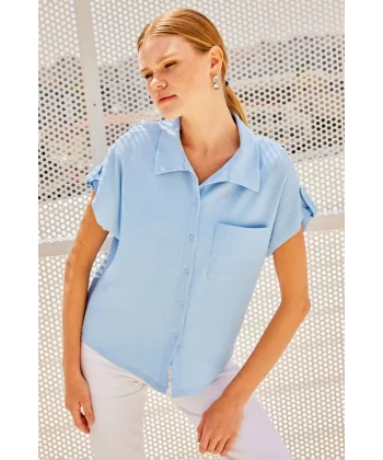 20256 Manşetli Double Kısa Kollu Gömlek  Mavi