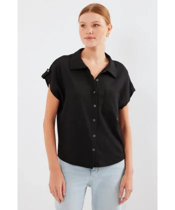20256 Manşetli Double Kısa Kollu Gömlek  Siyah