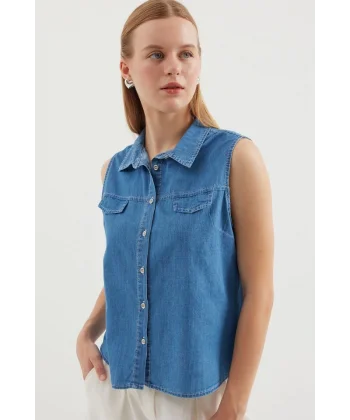 20257 Sıfır Kol Kot Gömlek  Lacivert