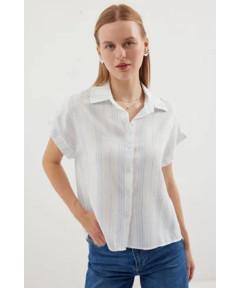 20261 Kısa Kol Oversize Keten Gömlek  Mavi