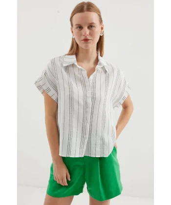 20261 Kısa Kol Oversize Keten Gömlek  Siyah