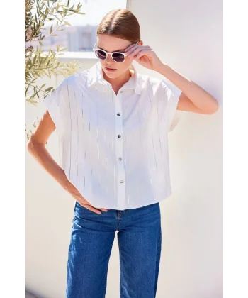 20262 Kısa Kol Çizgili Gömlek  Beyaz
