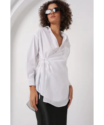 20271 Uzun Kruvaze Gömlek  Beyaz