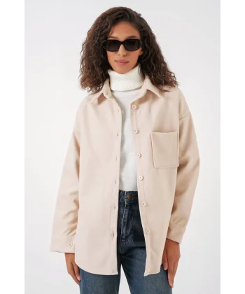 20273 Tek Cepli Düğmeli Kaşe Gömlek  Krem