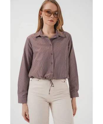 20276 Uzun Kol Çizgili Gömlek  Kahverengi