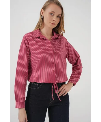 20276 Uzun Kol Çizgili Gömlek  Kırmızı