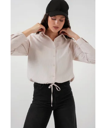 20276 Uzun Kol Çizgili Gömlek  Krem
