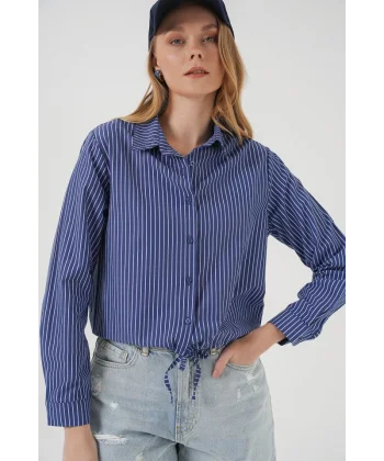 20276 Uzun Kol Çizgili Gömlek  Lacivert