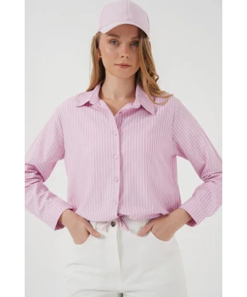 20276 Uzun Kol Çizgili Gömlek  Pembe