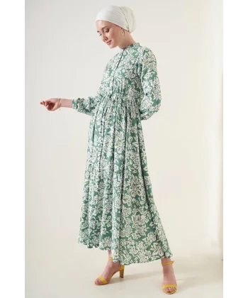 2144 Hakim Yaka Tesettür Elbise - Çağla