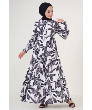 2145 Desenli Tesettür Elbise - Beyaz