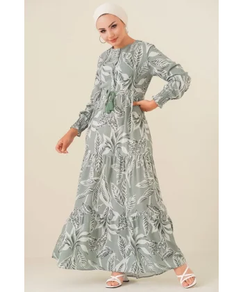 2145 Desenli Tesettür Elbise - Çağla