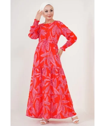 2145 Desenli Tesettür Elbise - Kırmızı