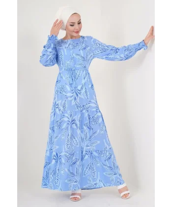 2145 Desenli Tesettür Elbise - Mavi