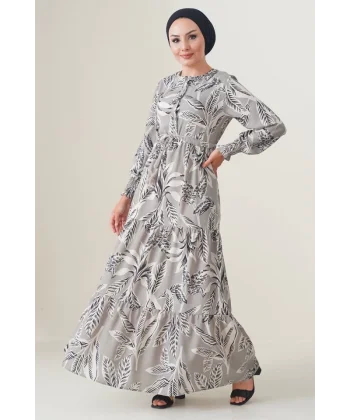 2145 Desenli Tesettür Elbise - Taş
