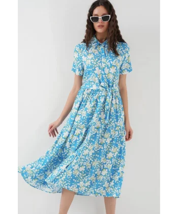 2191 Kısa Kol Desenli Elbise  B.Mavi