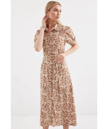 2213 Kısa Kol Viskon Elbise  Taba