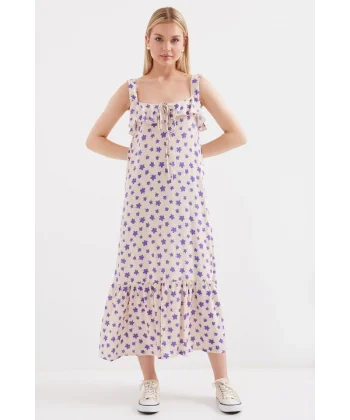 2237 Desenli Askılı Viskon Elbise  Lila