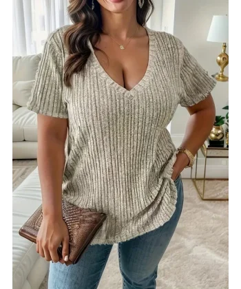 22Kadın Kısa Kollu V Yaka Fitilli Kaşkorse Bluz
