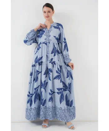 23 Otantik Desenli Tesettür Elbise  Mavi  Lacivert