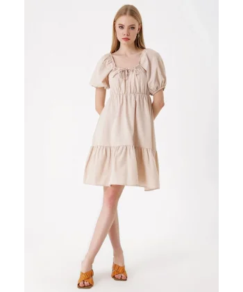 2351 Kloş Poplin Elbise  Bej