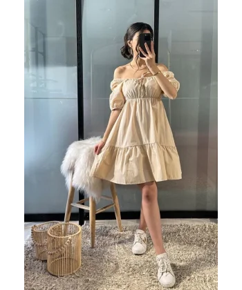 2351 Kloş Poplin Elbise  Krem