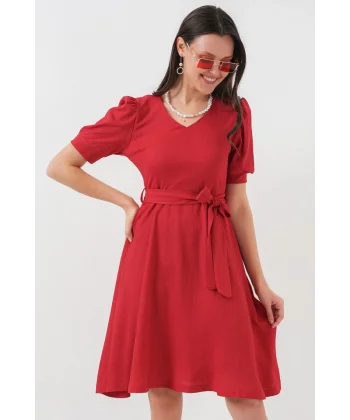 2370 Kuşaklı Örme Elbise  Kırmızı