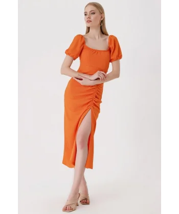 2396 Yırtmaçlı Yazlık Örme Elbise  Turuncu
