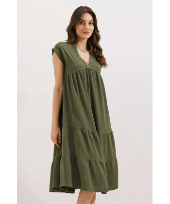 2398 V Yaka Volanlı Elbise  Haki