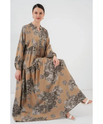 2423 Otantik Desenli Tesettür Elbise - A. Vizon