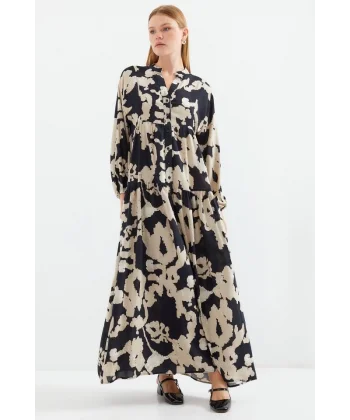 2423 Otantik Desenli Tesettür Elbise - A.Bej