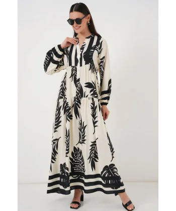 2423 Otantik Desenli Tesettür Elbise - A.Beyaz