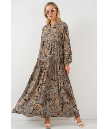 2423 Otantik Desenli Tesettür Elbise - A.Gri