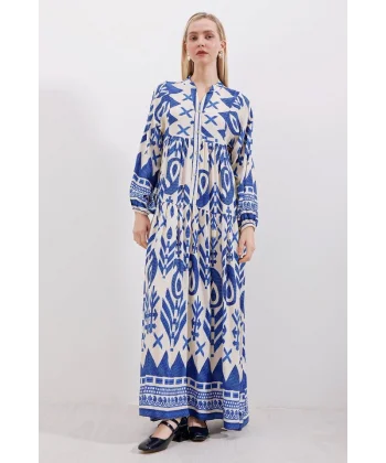 2423 Otantik Desenli Tesettür Elbise - A.SAKS