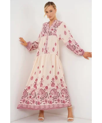 2423 Otantik Desenli Tesettür Elbise - Bordo 1